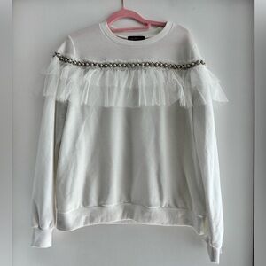 Elegant White Tulle Ruffle Sweatshirt